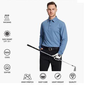 Golf Shirt Long Sleeve Casual Performance Dry Fit Embossed Polo Shirt, Blue